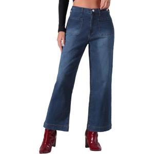 image:imageAllegra K Wide Leg Jeans for Womens High Waisted Stretchy Straight Leg Jeans Buttoned Loose Denim PantsDark Blue