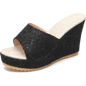 image:imageAllegra K Womens Embroidered Wedge Platform Peeptoe Slip Sandals Black 65