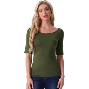 image:imageAllegra K Womens Half Sleeves Boat Neck Fitted Elbow Length Top Soft TShirtArmy Green