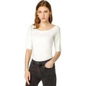 image:imageAllegra K Womens Half Sleeves Boat Neck Fitted Elbow Length Top Soft TShirtBeige