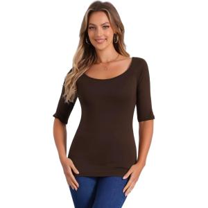 image:imageAllegra K Womens Half Sleeves Boat Neck Fitted Elbow Length Top Soft TShirtCoffee Brown