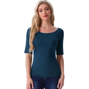 image:imageAllegra K Womens Half Sleeves Boat Neck Fitted Elbow Length Top Soft TShirtDark Blue