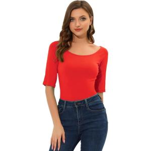 image:imageAllegra K Womens Half Sleeves Boat Neck Fitted Elbow Length Top Soft TShirtDeep Red