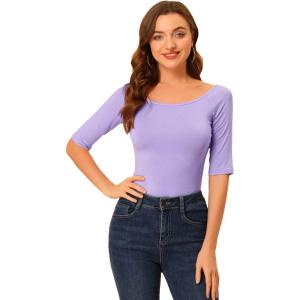image:imageAllegra K Womens Half Sleeves Boat Neck Fitted Elbow Length Top Soft TShirtLavender