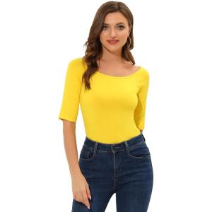 image:imageAllegra K Womens Half Sleeves Boat Neck Fitted Elbow Length Top Soft TShirtLemon Yellow