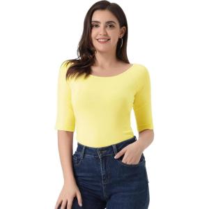 image:imageAllegra K Womens Half Sleeves Boat Neck Fitted Elbow Length Top Soft TShirtLight Yellow