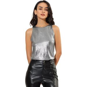 image:imageAllegra K Womens Metallic Tank Tops Shiny Sleeveless Party Disco ShirtDark Silver