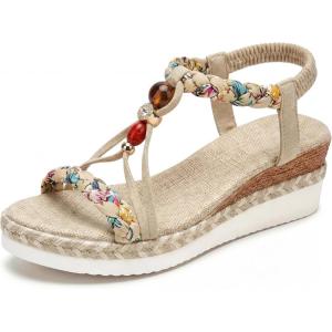 image:imageAllegra K Womens Plaid Beaded Platform Elastic Band Sandals Beige 9