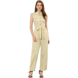 image:imageAllegra K Womens Wide Leg Jumpsuit 2026 Sleeveless Collared Tie Waist Coverall Button Down Cargo Cotton JumpsuitsApricot