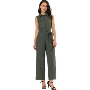 image:imageAllegra K Womens Wide Leg Jumpsuit 2026 Sleeveless Collared Tie Waist Coverall Button Down Cargo Cotton JumpsuitsArmy Green