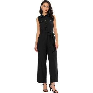 image:imageAllegra K Womens Wide Leg Jumpsuit 2026 Sleeveless Collared Tie Waist Coverall Button Down Cargo Cotton JumpsuitsBlack