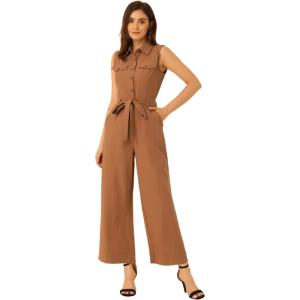 image:imageAllegra K Womens Wide Leg Jumpsuit 2026 Sleeveless Collared Tie Waist Coverall Button Down Cargo Cotton JumpsuitsBrown