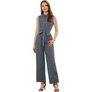 image:imageAllegra K Womens Wide Leg Jumpsuit 2026 Sleeveless Collared Tie Waist Coverall Button Down Cargo Cotton JumpsuitsGrey