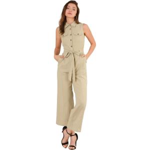 image:imageAllegra K Womens Wide Leg Jumpsuit 2026 Sleeveless Collared Tie Waist Coverall Button Down Cargo Cotton JumpsuitsKhaki