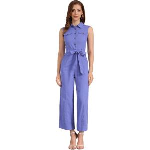 image:imageAllegra K Womens Wide Leg Jumpsuit 2026 Sleeveless Collared Tie Waist Coverall Button Down Cargo Cotton JumpsuitsMatte Blue