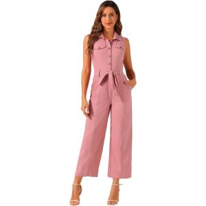 image:imageAllegra K Womens Wide Leg Jumpsuit 2026 Sleeveless Collared Tie Waist Coverall Button Down Cargo Cotton JumpsuitsPink