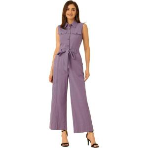 image:imageAllegra K Womens Wide Leg Jumpsuit 2026 Sleeveless Collared Tie Waist Coverall Button Down Cargo Cotton JumpsuitsPurple