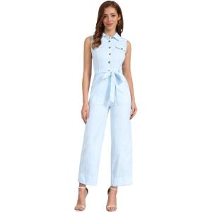 image:imageAllegra K Womens Wide Leg Jumpsuit 2026 Sleeveless Collared Tie Waist Coverall Button Down Cargo Cotton JumpsuitsSky Blue