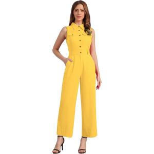 image:imageAllegra K Womens Wide Leg Jumpsuit 2026 Sleeveless Collared Tie Waist Coverall Button Down Cargo Cotton JumpsuitsYellow