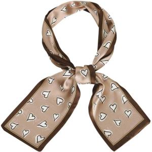 image:imageAllegra K Silky Skinny Scarves Ribbon Heart Print Long Hairband Handbag WrapBrown
