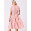 image:imageAllegra K Gingham Dress for Women 2026 Summer Short Sleeve Ruffle Trim V Neck Button Decor Flowy Midi DressesPink