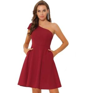 image:imageAllegra K Evening Cocktail Dress for Womens Valentines Day Elegant Flared One Shoulder Formal DressesRed