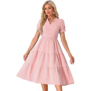 image:imageAllegra K Gingham Dress for Women 2026 Summer Short Sleeve Ruffle Trim V Neck Button Decor Flowy Midi DressesPink