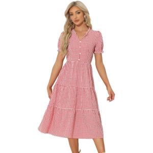 image:imageAllegra K Gingham Dress for Women 2026 Summer Short Sleeve Ruffle Trim V Neck Button Decor Flowy Midi DressesRed
