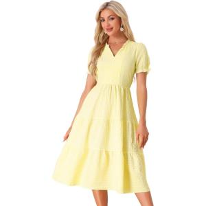 image:imageAllegra K Gingham Dress for Women 2026 Summer Short Sleeve Ruffle Trim V Neck Button Decor Flowy Midi DressesYellow