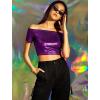 image:imageAllegra K Womens Halloween Off Shoulder Party Club Slim Fit Shiny Metallic Crop TopPurple