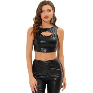 image:imageAllegra K Metallic Crop Top for Womens Sleeveless Cut Out Party Clubwear Holographic Tank TopsBlack
