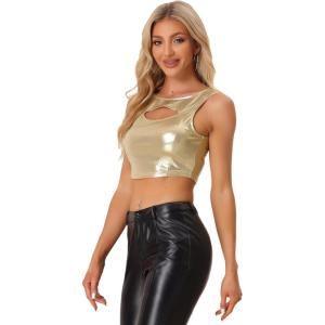 image:imageAllegra K Metallic Crop Top for Womens Sleeveless Cut Out Party Clubwear Holographic Tank TopsLight Gold