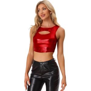 image:imageAllegra K Metallic Crop Top for Womens Sleeveless Cut Out Party Clubwear Holographic Tank TopsRed