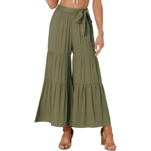 image:imageAllegra K Womens 2026 Summer Wide Leg Palazzo Pants High Waisted Flowy Trendy Casual Lounge Boho Beach Ruffles TrousersArmy Green