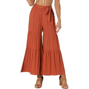 image:imageAllegra K Womens 2026 Summer Wide Leg Palazzo Pants High Waisted Flowy Trendy Casual Lounge Boho Beach Ruffles TrousersCaramel