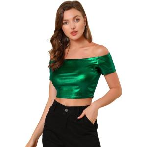 image:imageAllegra K Womens Halloween Off Shoulder Party Club Slim Fit Shiny Metallic Crop TopGreen