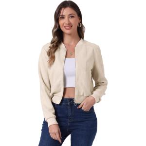 image:imageAllegra K Faux Suede Cropped Coat for Womens Stand Collar Zip Up Biker Moto Bomber JacketsBeige