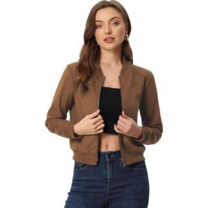 image:imageAllegra K Faux Suede Cropped Coat for Womens Stand Collar Zip Up Biker Moto Bomber JacketsBrown