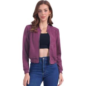 image:imageAllegra K Faux Suede Cropped Coat for Womens Stand Collar Zip Up Biker Moto Bomber JacketsDark Purple