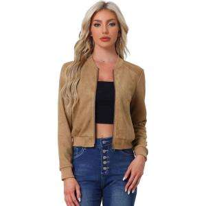 image:imageAllegra K Faux Suede Cropped Coat for Womens Stand Collar Zip Up Biker Moto Bomber JacketsKhaki