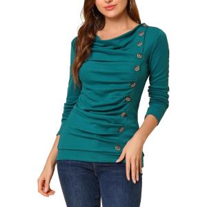 image:imageAllegra K Womens Cowl Neck Tops Long Sleeve Buttons Decor Tuinc Shirts Ruched TopBlue Green