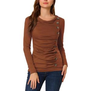 image:imageAllegra K Womens Cowl Neck Tops Long Sleeve Buttons Decor Tuinc Shirts Ruched TopBrown