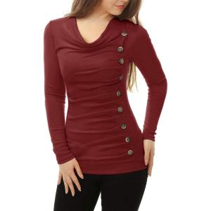 image:imageAllegra K Womens Cowl Neck Tops Long Sleeve Buttons Decor Tuinc Shirts Ruched TopBurgundy