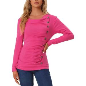 image:imageAllegra K Womens Cowl Neck Tops Long Sleeve Buttons Decor Tuinc Shirts Ruched TopFushcia Pink