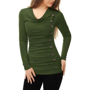 image:imageAllegra K Womens Cowl Neck Tops Long Sleeve Buttons Decor Tuinc Shirts Ruched TopGreen