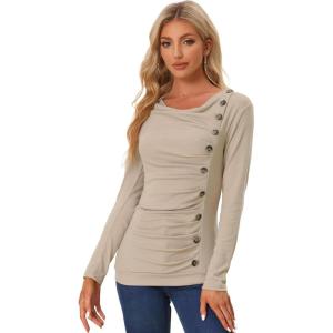 image:imageAllegra K Womens Cowl Neck Tops Long Sleeve Buttons Decor Tuinc Shirts Ruched TopKhaki