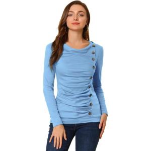 image:imageAllegra K Womens Cowl Neck Tops Long Sleeve Buttons Decor Tuinc Shirts Ruched TopLight Blue