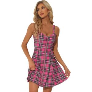 image:imageAllegra K Womens Plaid Tube Dress Zip Up Strap Sleeveless Party Mini ALine DressHot Pink