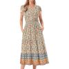 image:imageAllegra K Womens Boho Dresses V Neck Cap Sleeve Smocked ALine Floral Tiered Flowy Maxi DressesBeige