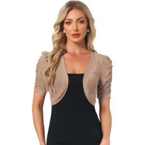 image:imageAllegra K Casual Short Sleeve Mesh Sheer Shrug for Women Open Front Cropped Cardigan BoleroCamel